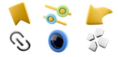 3D rendering Sparkling start tuşu, sarı yer imi bayrağı, yön okları, ileri, Hyperlink, çizgi kaydırma çubuğu simgesi seti. 3d render ui tasarım konsept simgesi seti.