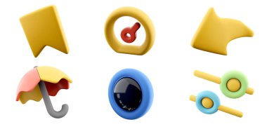 3D hazırlama başlat düğmesi, sarı yer imi bayrağı, hız göstergesi, ileri, şemsiye, çizgi kaydırma çubuğu simgesi seti. 3d render ui tasarım konsept simgesi seti.