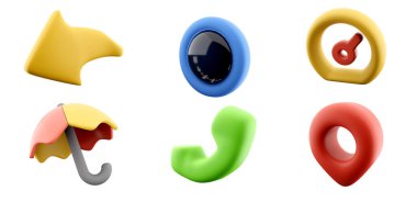 3D parlatma başlatma düğmesi, yeşil ev telefonu, hız göstergesi, ileri, şemsiye, hedef simgesi seti. 3d render ui tasarım konsept simgesi seti.