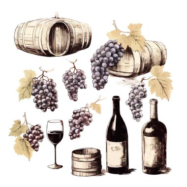 Vector üzümleri, şarap şişeleri ve bardak ikonu eps10. Vektör namlusu, retro biçim simgesi eps10.