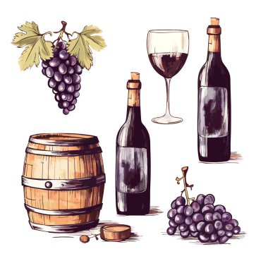 Vektör El İşleme Kalemi ve Mürekkep Şarap Şişeleri ikonu bölüm 10. Şarap Vintage İllüstrasyon ikonunun Vektör Koleksiyonu.