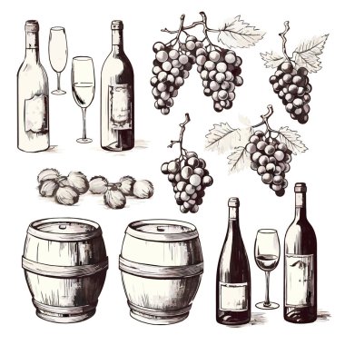 Şarap ürünleri ikonu seti eps10. Robot resim tarzında vektör illüstrasyonu, El yapımı şarap elemanları simgesi eps10.
