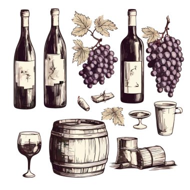 Vektör el retro tarzı üzüm ve bir şişe şarap ikonu eps10. Üzüm suyu ikonunun alkollü fermantasyonuyla elde edilen alkollü içecek.