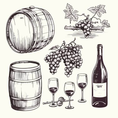 Vektör El İşleme Kalemi ve Mürekkep Şarap Şişeleri ikonu bölüm 10. Şarap Vintage İllüstrasyon ikonunun Vektör Koleksiyonu.