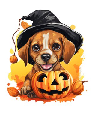 Turuncu şapkalı sevimli bir köpek. Köpekle cadılar bayramı balkabakları gülümsüyor. Beyaz arkaplanda suluboya vektör köpek ve kabaklar.