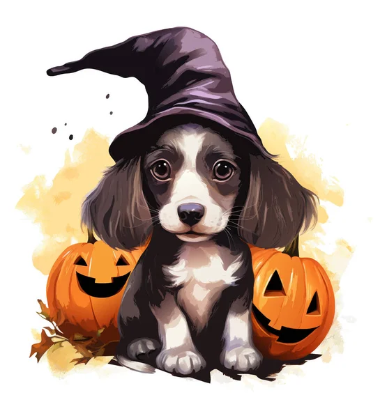 帽子が付いているベクターかわいい犬 犬とハロウィーンのカボチャを微笑む 白い背景の水彩色のベクターの犬そしてカボチャ — ストックベクタ