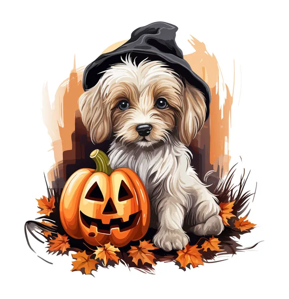 Wektor Uroczy Pies Kapeluszu Uśmiechnięte Dynie Halloween Psem Akwarela Wektor — Wektor stockowy