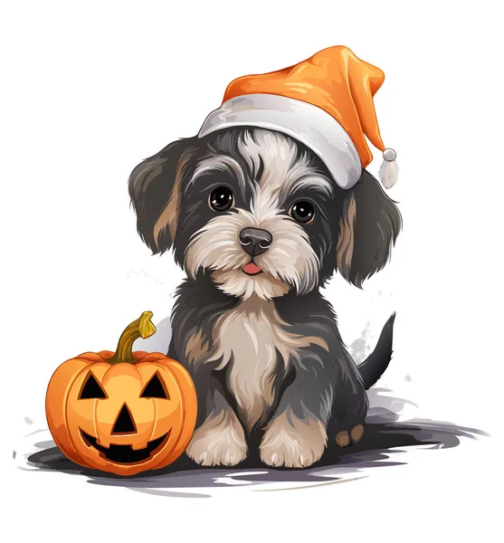 Şapkalı Sevimli Bir Köpek Köpekle Cadılar Bayramı Balkabakları Gülümsüyor Beyaz — Stok Vektör