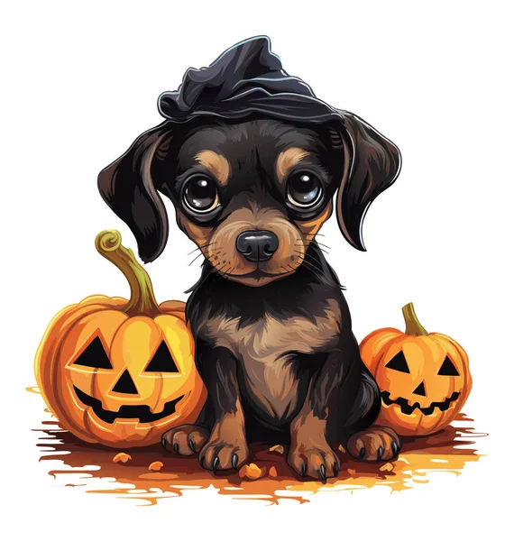 Wektor Uroczy Pies Kapeluszu Uśmiechnięte Dynie Halloween Psem Akwarela Wektor — Wektor stockowy