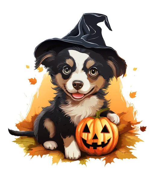 Cão Bonito Vetor Com Chapéu Abóboras Halloween Sorridentes Com Cão — Vetor de Stock