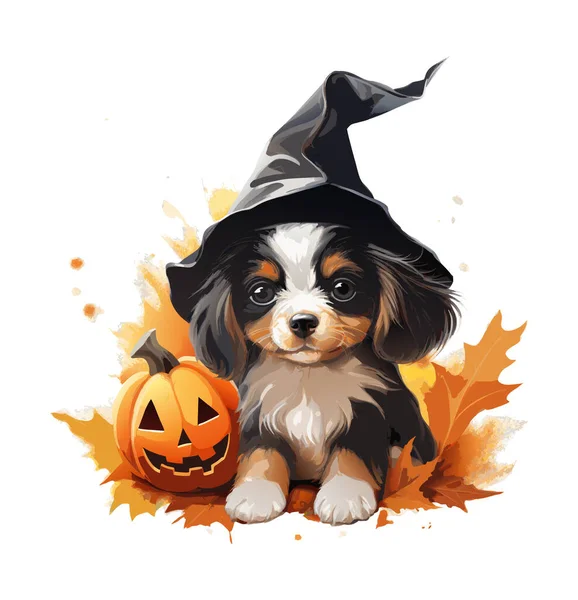 Cão Corgi Preto Com Halloween Chapéu Vetor Ilustração Cão Vetor —  Vetores de Stock