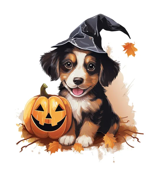 Cadılar bayramı şapkası illüstrasyonlu siyah Corgi köpeği. Beyaz arka planda balkabağı olan suluboya vektör köpek .
