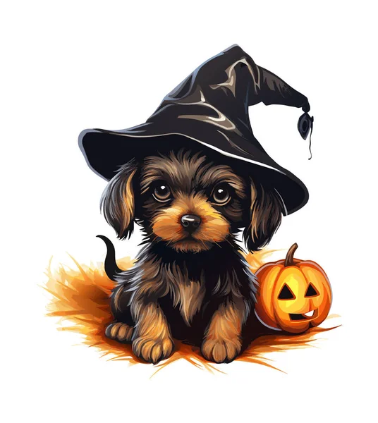 Μαύρο Corgi Σκυλί Halloween Καπέλο Διανυσματική Απεικόνιση Υδατογραφία Διάνυσμα Σκυλί — Διανυσματικό Αρχείο