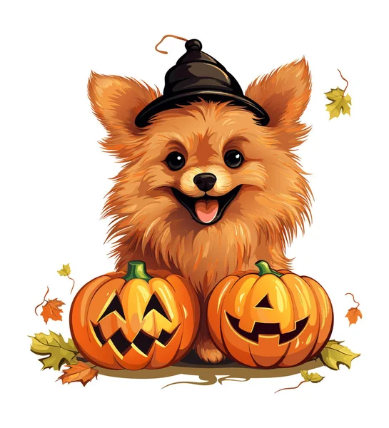 帽子が付いているベクターかわいいオレンジの犬 犬とハロウィーンのカボチャを微笑む 白い背景の水彩色のベクターの犬そしてカボチャ — ストックベクタ