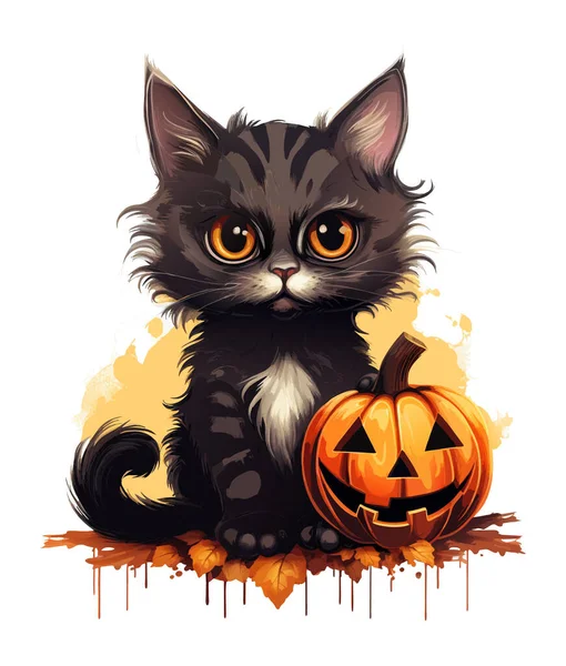 Vector Cute Grey Halloween Cat Watercolor Vector Smiling Pumpkin Grey — Stock Vector