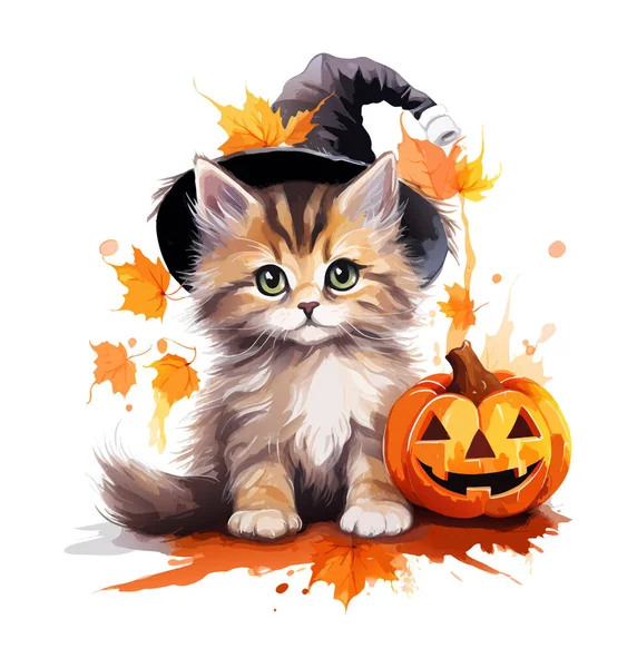 Υδατογραφία Διάνυσμα Απόκριες Πορτοκαλί Γάτα Hallowen Χαμογελαστή Κολοκύθα Και Πορτοκαλί — Διανυσματικό Αρχείο