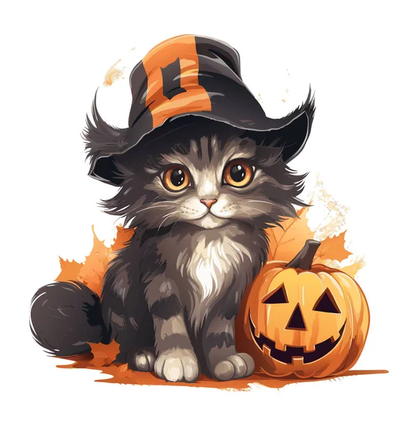 Φορέα Χαριτωμένο Γκρι Halloween Γάτα Ακουαρέλα Διάνυσμα Χαμογελαστή Κολοκύθα Και — Διανυσματικό Αρχείο
