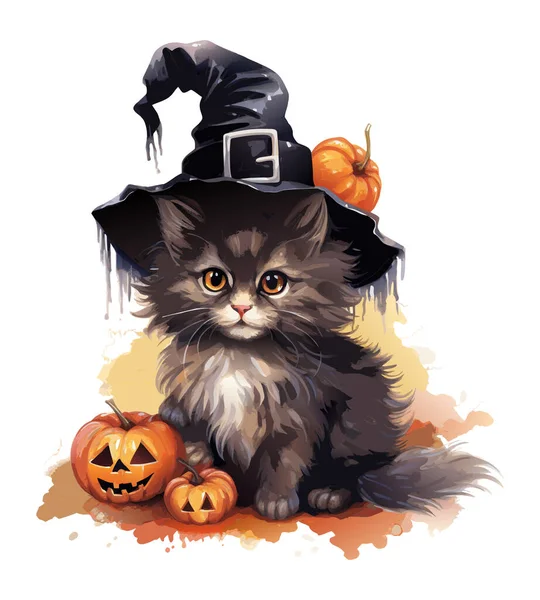 Vektorová Akvarel Černá Kočka Kloboukem Dýní Černá Halloween Kočka Ilustrace — Stockový vektor