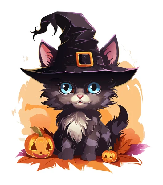 Vector Watercolor Black Cat Hat Pumpkin Black Halloween Cat Illustration — Stock Vector