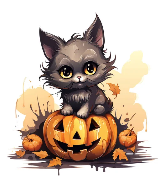 Vector Lindo Gato Halloween Gris Acuarela Vector Sonriente Calabaza Gato — Archivo Imágenes Vectoriales