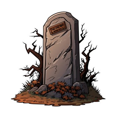 İskelet kafalı vektör mezar taşı. Mezarlıktaki mezar taşı. Beyaz zemin üzerinde ağaç vektör illüstrasyonlu antik mezar taşı.