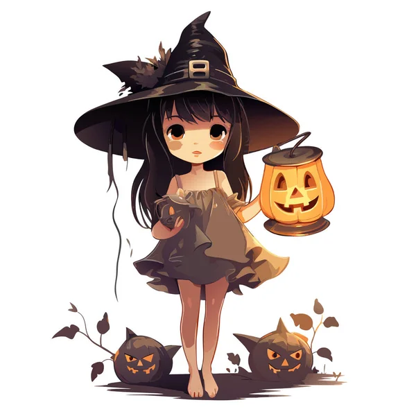 Vector Beautiful Girl Pumpkins Creepy Witch Jack Lanterns Girl Hat — Stock Vector