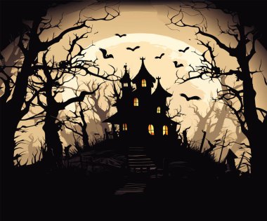 Cadılar Bayramı mezarlığı sahnesi. Lanetli kâbus cadılar bayramı arka planı, karikatür kalesi manzarası mezar taşlarındaki korkunç hayalet karanlık orman tepesindeki mezar taşları, mezarlık cadılar bayramının vektör çizimi..