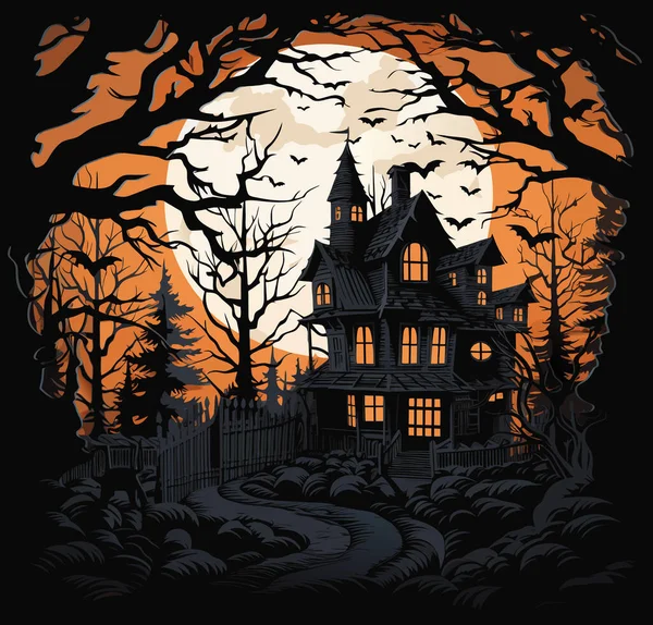Vecteur Effrayant Maison Hantée Avec Pleine Lune Halloween Château Arrière — Image vectorielle