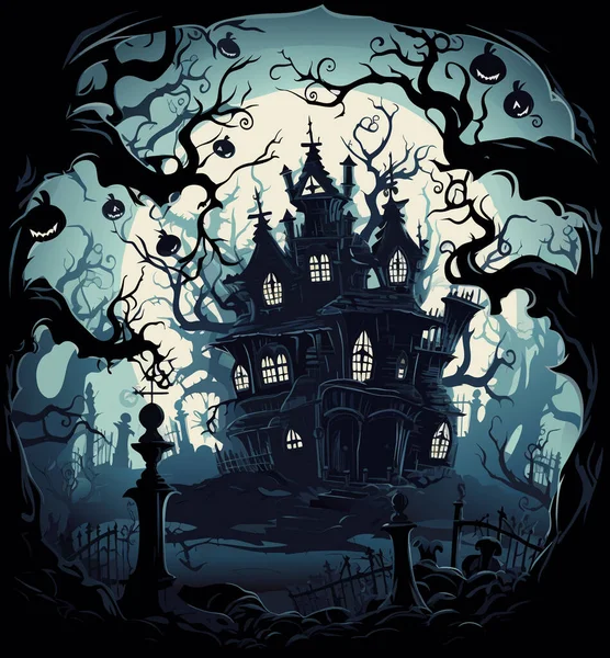 Vector Halloween Landscape Cemetry Black Scary Trees Castle Frightining Halloween — Stock Vector