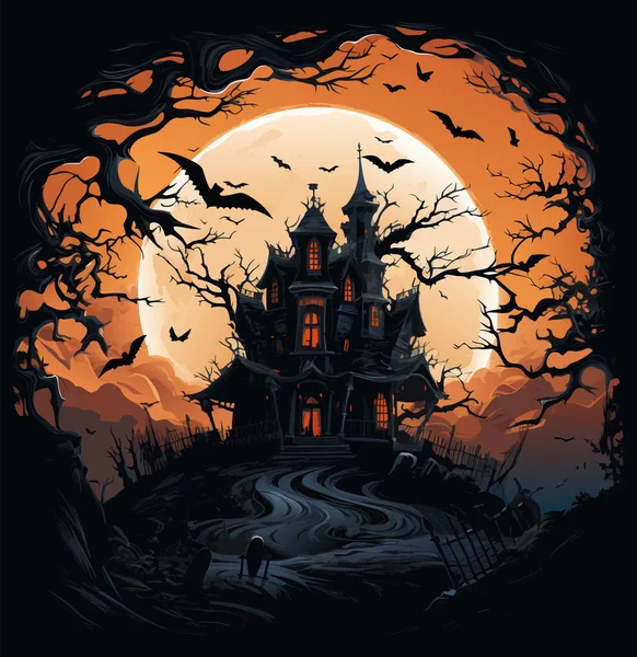 Vetor Assustador Casa Assombrada Com Lua Cheia Fundo Castelo Halloween — Vetor de Stock