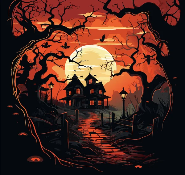 Vector Scary Haunted House Full Moon Halloween Castle Background Creepy — Stock Vector
