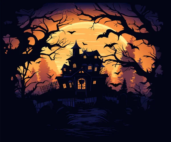 Wektor Halloween Noc Tło Straszny Zamek Halloween Przerażający Zamek Drzewami — Wektor stockowy