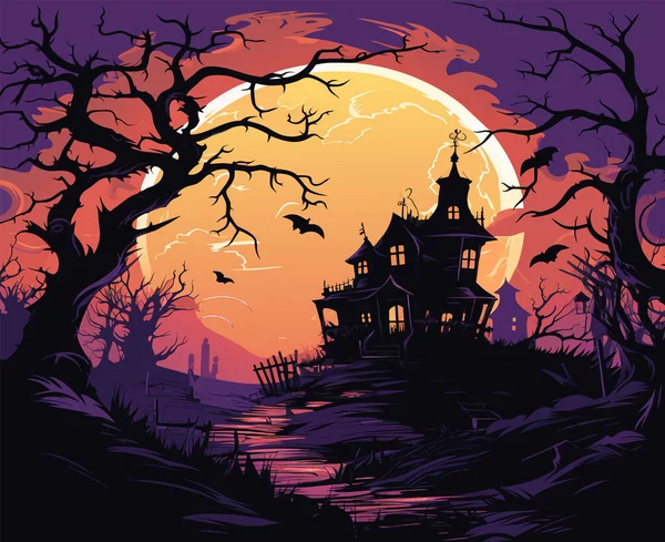 夜间背景之间的病媒 令人毛骨悚然的城堡之间 紫罗兰色背景下的带有树矢量的可怕城堡 — 图库矢量图片