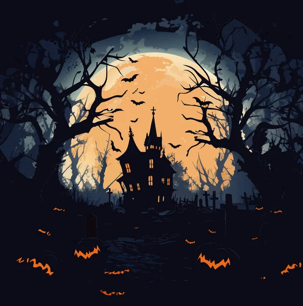 Halloween Temetői Jelenet Kísértet Rémálom Megszentelt Háttér Rajzfilm Horror Kastély — Stock Vector