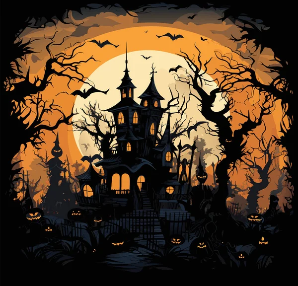Halloween Temetői Jelenet Kísértet Rémálom Megszentelt Háttér Rajzfilm Horror Kastély — Stock Vector