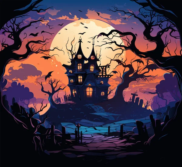 Vector Halloween Night Background Creepy Halloween Castle Scary Castle Trees — Stock Vector