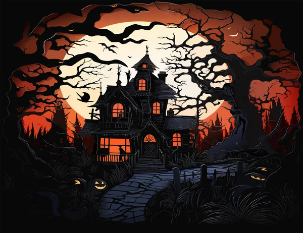 ハロウィン墓地のシーン ハンティング悪夢のホロウィーン背景 漫画ホラー城の景色の恐ろしい幽霊暗い森の丘 墓地ハロウィーンのベクターイラスト — ストックベクタ