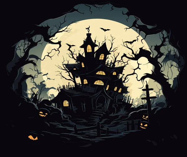 城堡之间的传病媒介 房子周围的可怕的树 灰色和橙色背景的令人毛骨悚然的侧影矢量插图 — 图库矢量图片