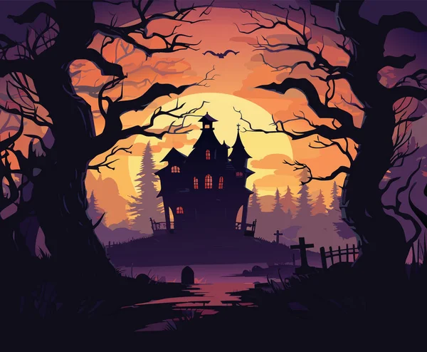 Scena Del Cimitero Halloween Haunting Incubo Hallowen Sfondo Cartone Animato — Vettoriale Stock