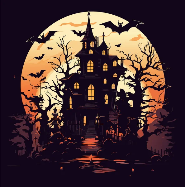 Halloween Graveyard Scene Haunting Nightmare Hallowen Background Cartoon Horror Castle — Stock Vector