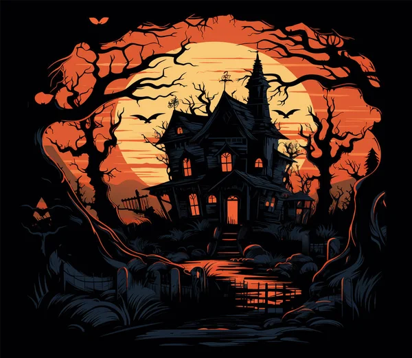 Halloween Kyrkogårdsscen Hemsökelse Mardröm Hallowen Bakgrund Tecknad Skräck Slott Landskap — Stock vektor