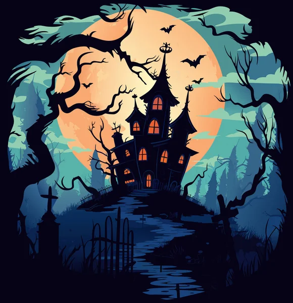 墓地景观之间的传病媒介 城堡周围的黑色可怕的树 蓝色背景下城堡矢量之间可怕的光晕图 — 图库矢量图片