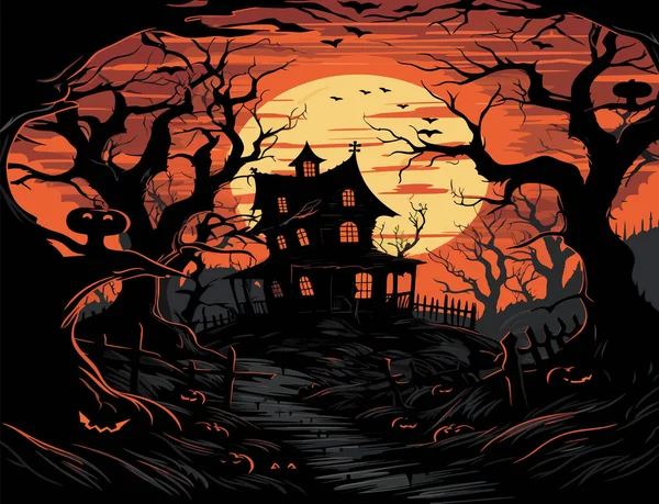 Halloweenský Hřbitov Strašidelná Noční Můra Hallowen Pozadí Karikatura Horor Zámek — Stockový vektor