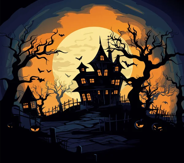 城堡之间的传病媒介 房子周围的可怕的树 灰色和橙色背景的令人毛骨悚然的侧影矢量插图 — 图库矢量图片