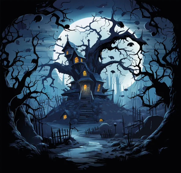 Paysage Vectoriel Halloween Cimetière Arbres Noirs Effrayants Autour Château Effrayante — Image vectorielle