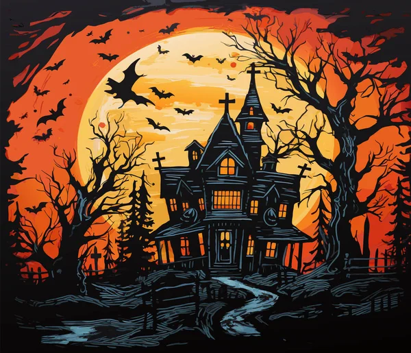 Scena Cmentarzu Halloween Nawiedzający Koszmar Hallowen Tło Kreskówka Horror Zamek — Wektor stockowy