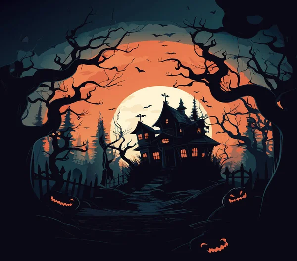 Vektor Halloween Burg Gruselige Bäume Rund Das Haus Gruselige Silhouetten — Stockvektor
