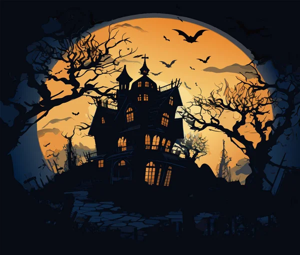 Vektor Halloween Burg Gruselige Bäume Rund Das Haus Gruselige Silhouetten — Stockvektor