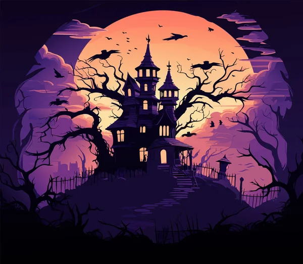 Vektor Halloween Natt Bakgrund Läskigt Halloweenslott Skrämmande Slott Med Träd — Stock vektor