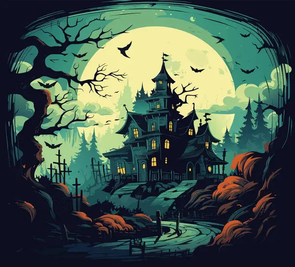 墓地景观之间的传病媒介 城堡周围的黑色可怕的树 蓝色背景下城堡矢量之间可怕的光晕图 — 图库矢量图片